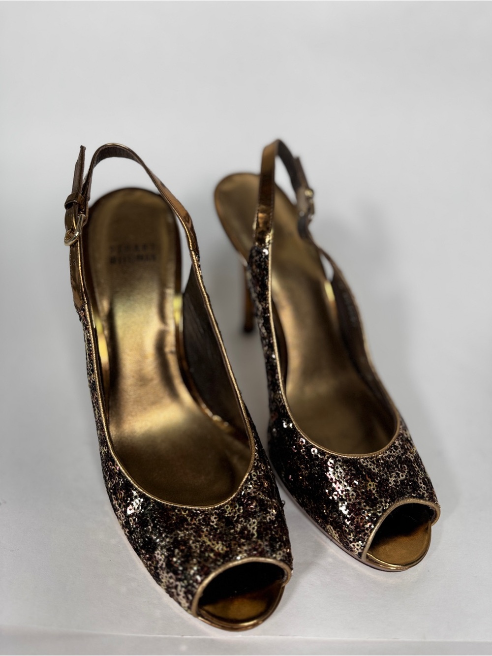 Stuart Weitzman Sequin Peep Toe Slingback Heels Size 9 Metallic Evening Shoes